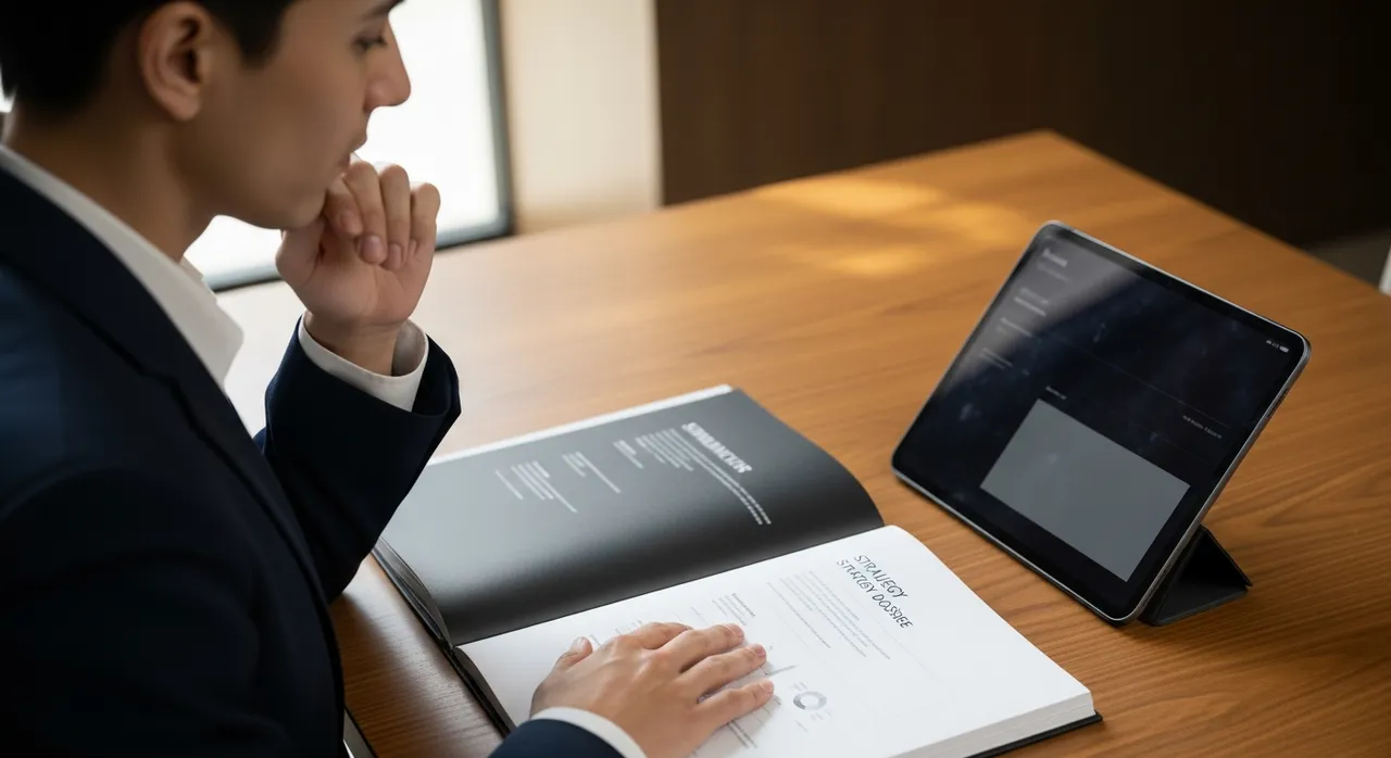 Strategin prüft ein Premium-Strategiedossier und ein Tablet an einem warmen Holztisch, Konzeptvisualisierung