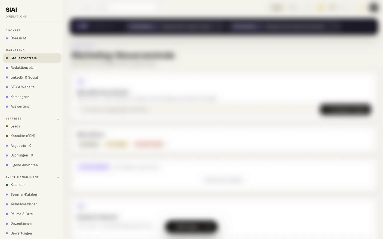 SIAI Dashboard, Bereich Marketing. Konzeptvorschau, Inhalte zum Schutz echter Daten unkenntlich gemacht.