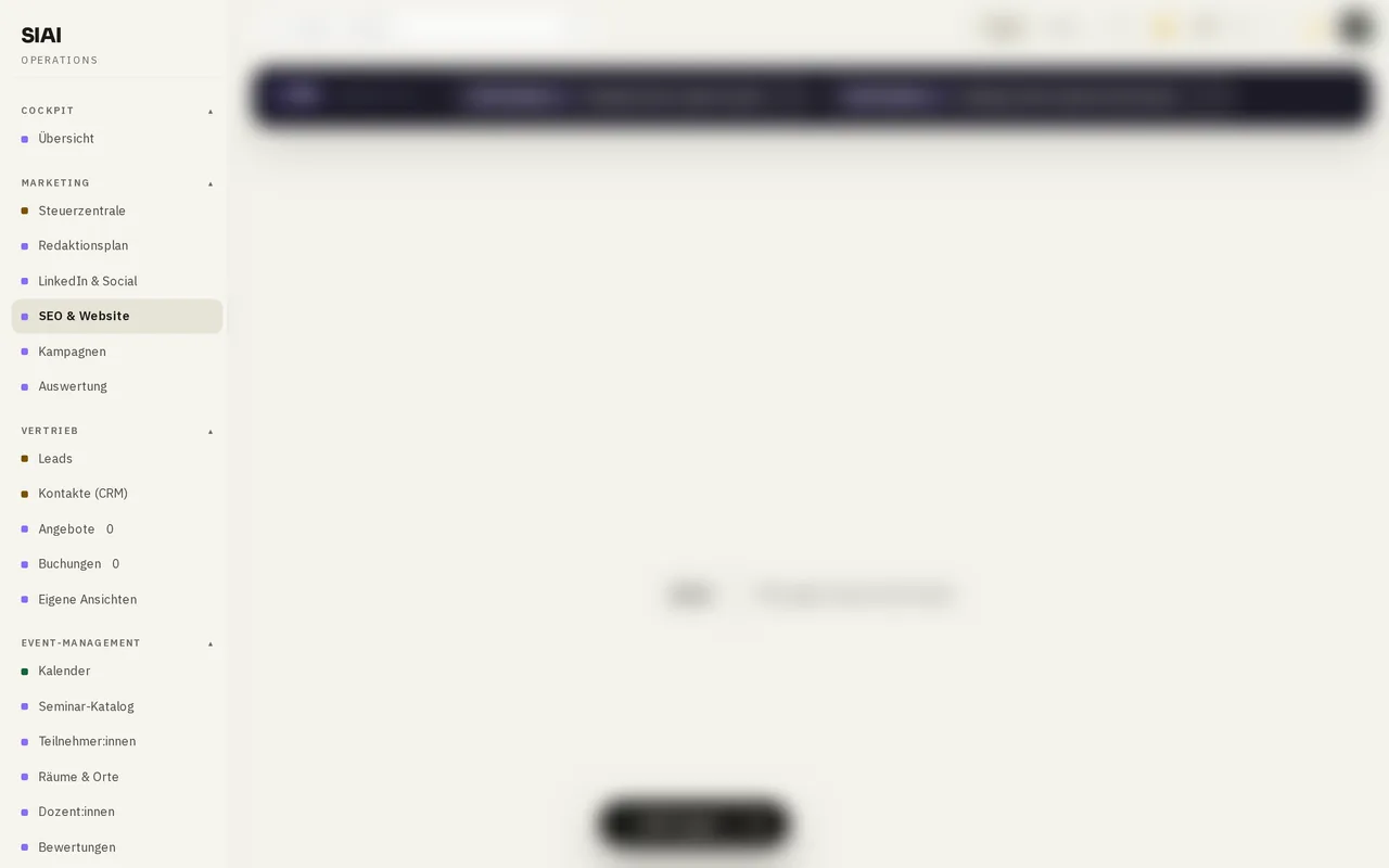 SIAI Dashboard, Bereich SEO und Website. Konzeptvorschau, Inhalte zum Schutz echter Daten unkenntlich gemacht.