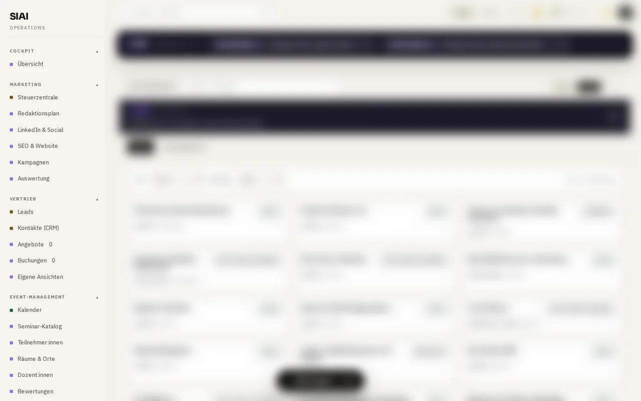 SIAI Dashboard, Bereich System-Gesundheit. Konzeptvorschau, Inhalte zum Schutz echter Daten unkenntlich gemacht.