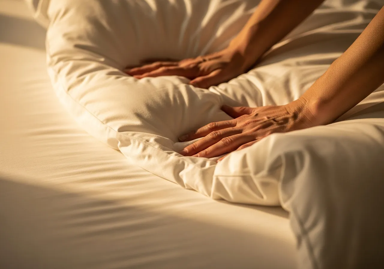 Hände richten ein hochwertiges Daunenbett, Premium-Qualität, Konzeptvisualisierung